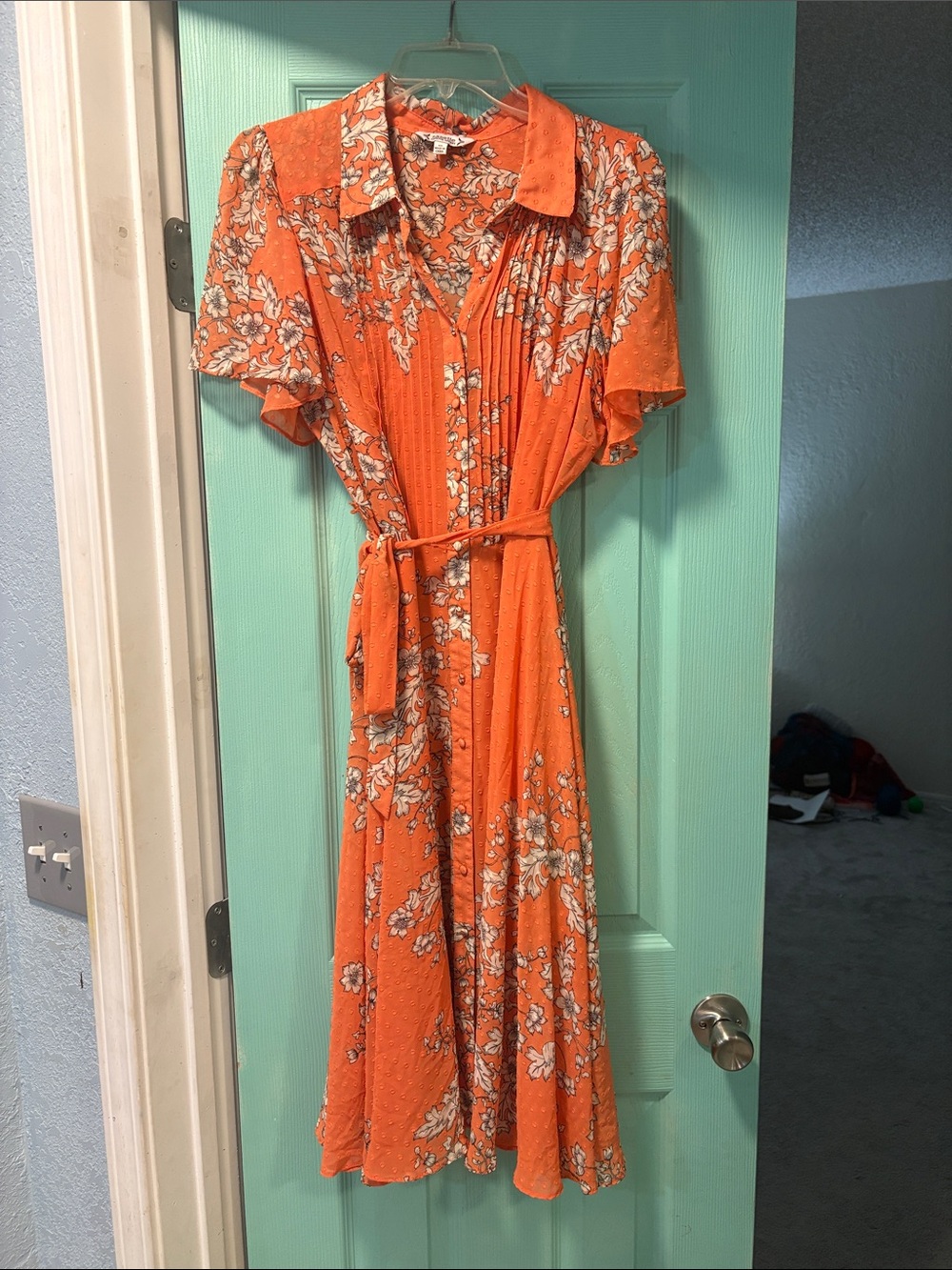 Nanette Lepore Orange Floral Midi Shirt Dress with Tie